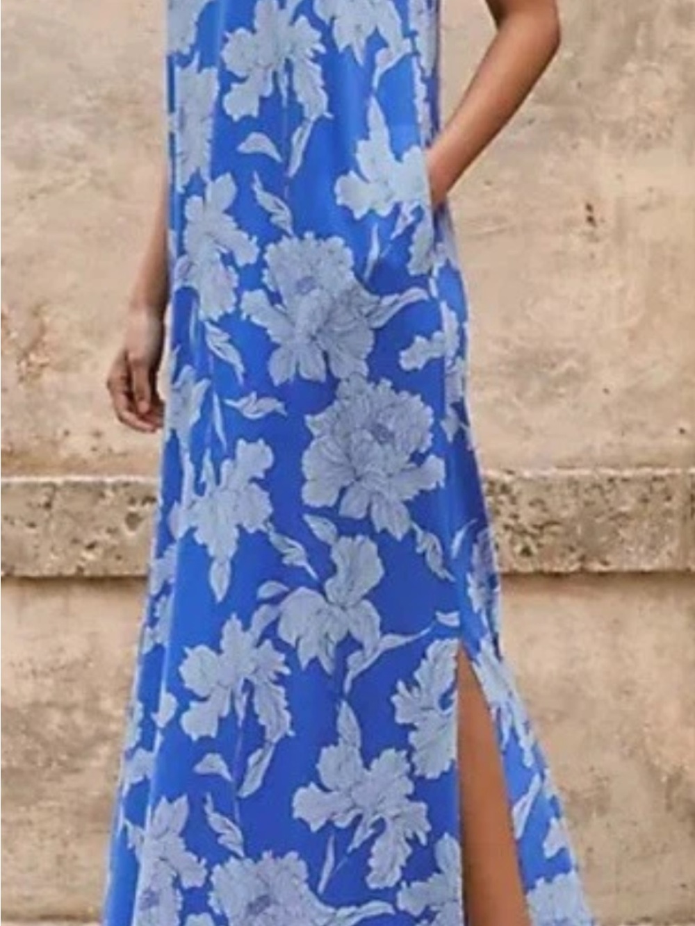 J Jill Maxi A Line Tank Floral Blue Dress with Side Slit & Pockets Size M